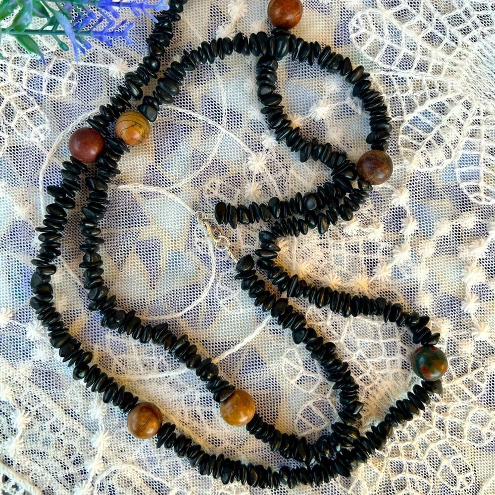 Vintage Natural Raw Black Onyx Chalcedony & Red Creek Jasper Necklace 39” - Picture 11 of 12